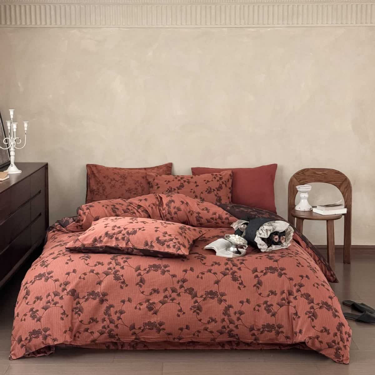 Set di biancheria da letto in puro cotone con foglie di ginkgo vintage (4 pezzi) - Arancia - Matrimoniale Grande - image 10