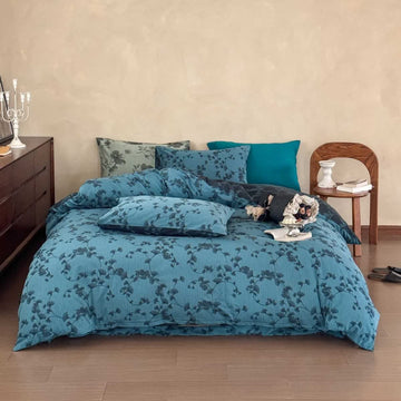 Set di biancheria da letto in puro cotone con foglie di ginkgo vintage (4 pezzi) - Blu - Matrimoniale Grande - image 0