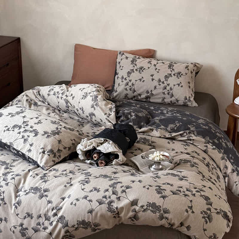 Set di biancheria da letto in puro cotone con foglie di ginkgo vintage (4 pezzi) - image 6