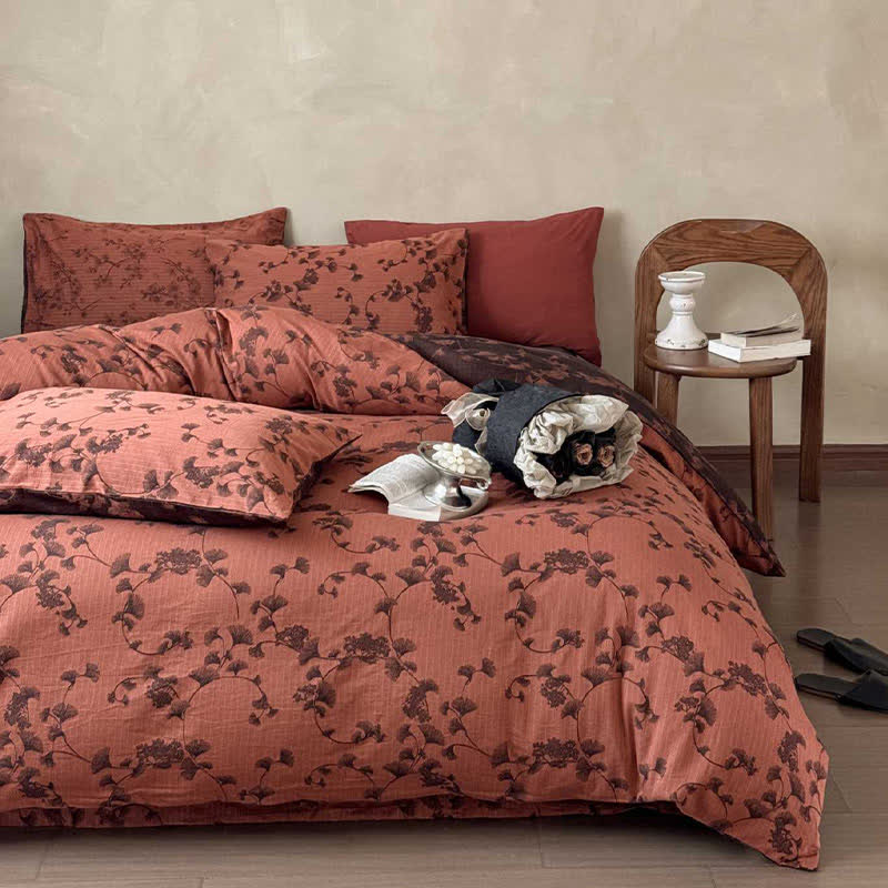 Set di biancheria da letto in puro cotone con foglie di ginkgo vintage (4 pezzi) - image 11