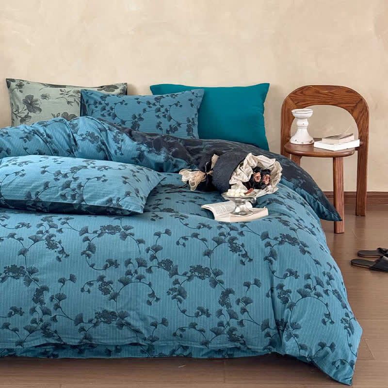 Set di biancheria da letto in puro cotone con foglie di ginkgo vintage (4 pezzi) - image 1