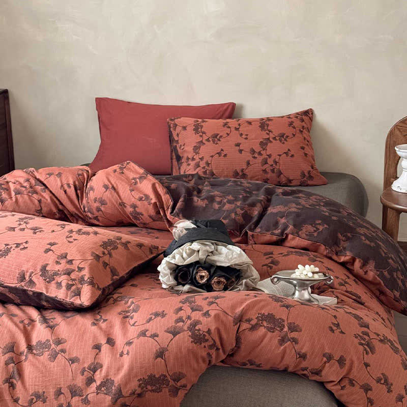 Set di biancheria da letto in puro cotone con foglie di ginkgo vintage (4 pezzi) - image 12