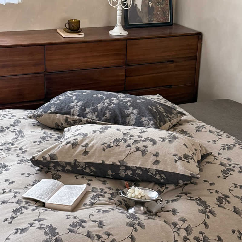 Set di biancheria da letto in puro cotone con foglie di ginkgo vintage (4 pezzi) - image 9
