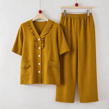 Completo da casa in cotone color senape con volant - Giallo - 5XL - image 0