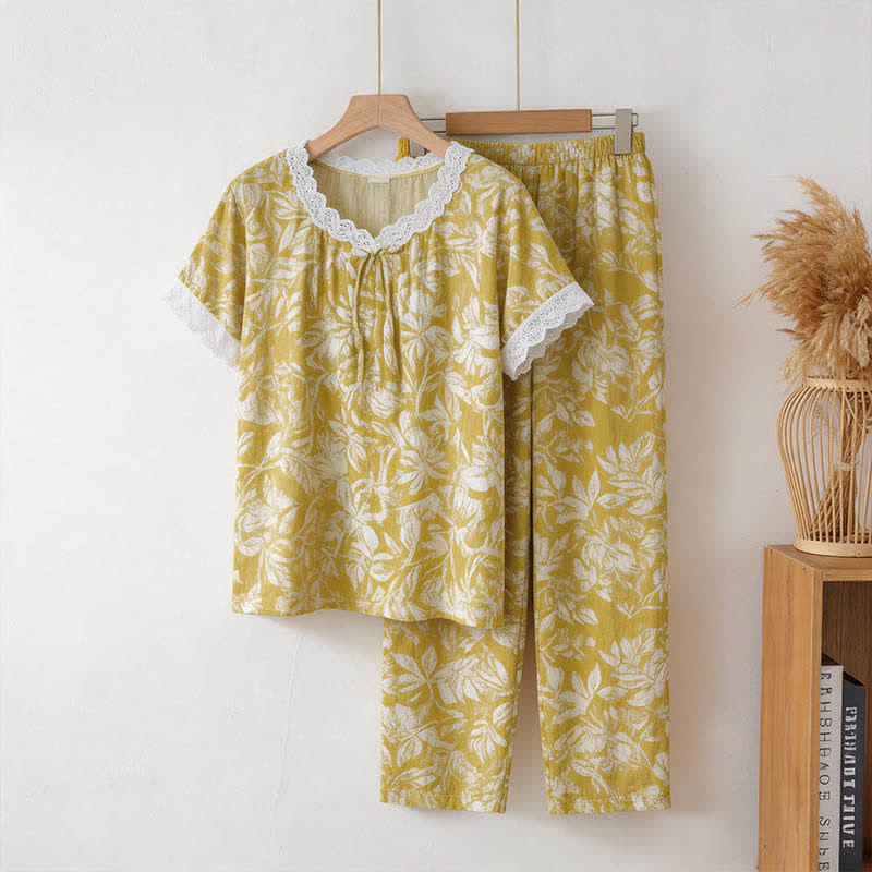 Completo da casa in cotone con inserti in pizzo e motivi botanici. - Giallo - 3XL - image 0