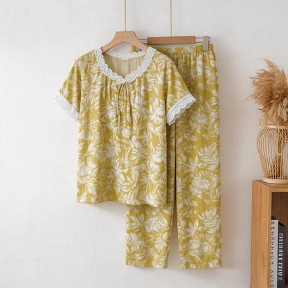 Completo da casa in cotone con inserti in pizzo e motivi botanici. - Giallo - 3XL - image 0