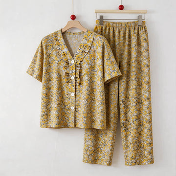 Completo da casa in cotone giallo con stampa floreale e volant - Giallo - 5XL - image 0