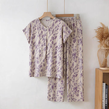 Completo da casa in cotone con stampa floreale botanica. - Beige - 3XL - image 0