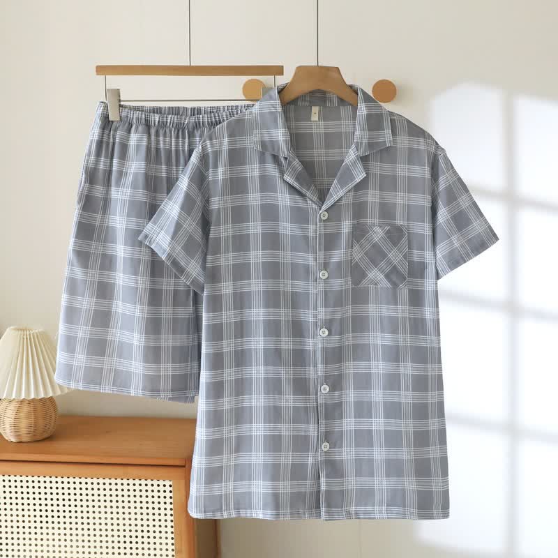 Completo pigiama a maniche corte in cotone a quadri - Grigio - 2XL - image 14