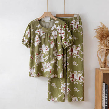 Completo da casa in cotone con stampa floreale color oliva - Verde oliva - 3XL - image 0