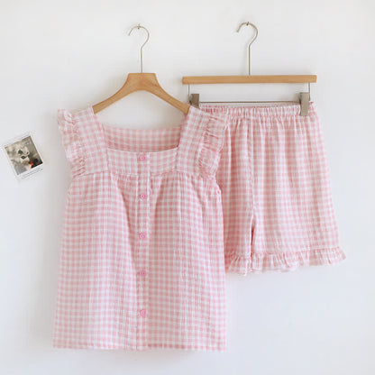Completo pigiama in cotone a quadretti con maniche a volant - Rosa - XL - image 17
