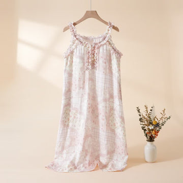 Camicia da notte in cotone di bambù con volant sul collo e stampa floreale - Rosa - XL - image 0