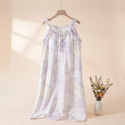 Camicia da notte in cotone di bambù con volant sul collo e stampa floreale - Viola - XL - image 4