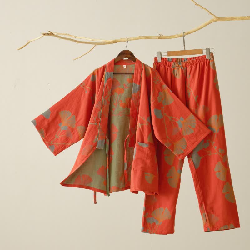 Pigiama kimono in cotone con grandi foglie di ginkgo - Arancia - XL - image 4