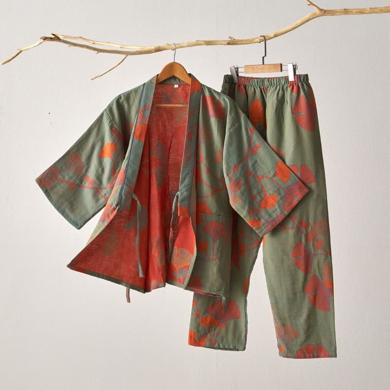 Pigiama kimono in cotone con grandi foglie di ginkgo - Verde e arancione - XL - image 0