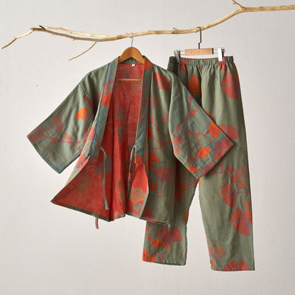 Pigiama kimono in cotone con grandi foglie di ginkgo - Verde e arancione - XL - image 0