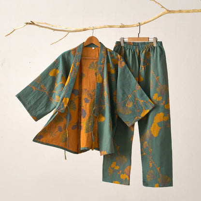 Pigiama kimono in cotone con grandi foglie di ginkgo - Verde e giallo - XL - image 2