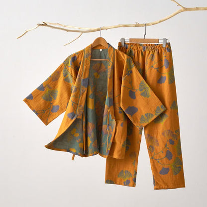 Pigiama kimono in cotone con grandi foglie di ginkgo - Giallo - XL - image 3