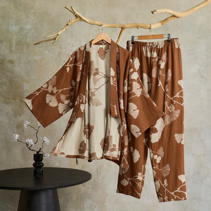 Pigiama kimono in cotone con grandi foglie di ginkgo - Marrone - XL - image 8