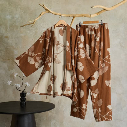 Pigiama kimono in cotone con grandi foglie di ginkgo - Marrone - XL - image 8
