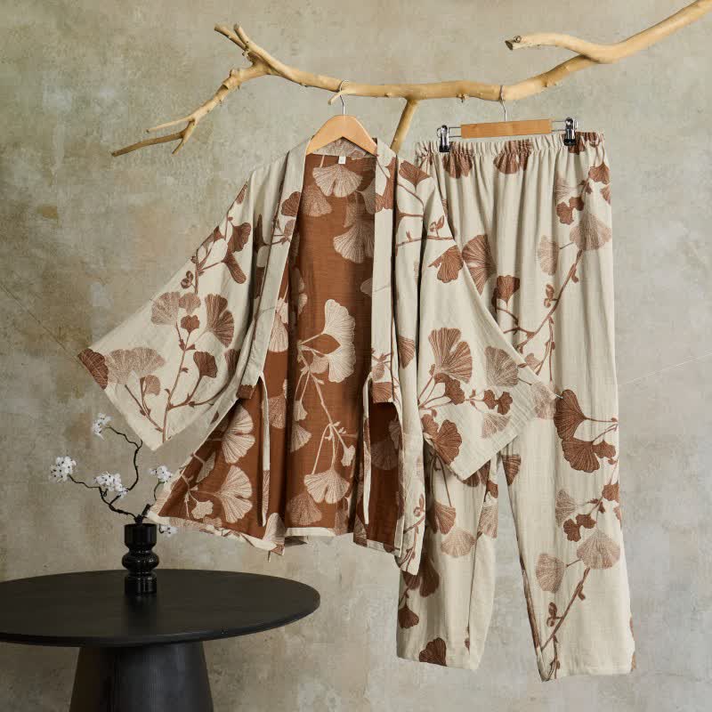 Pigiama kimono in cotone con grandi foglie di ginkgo - Beige - XL - image 7