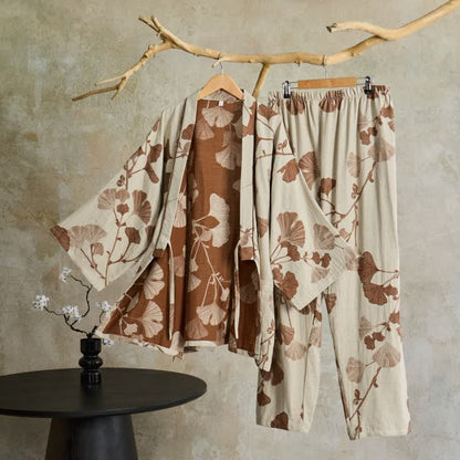 Pigiama kimono in cotone con grandi foglie di ginkgo - Beige - XL - image 7