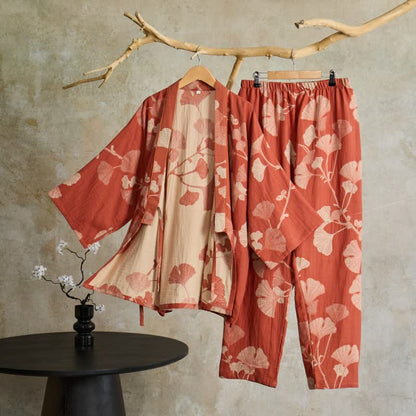 Pigiama kimono in cotone con grandi foglie di ginkgo - Rosa - XL - image 5