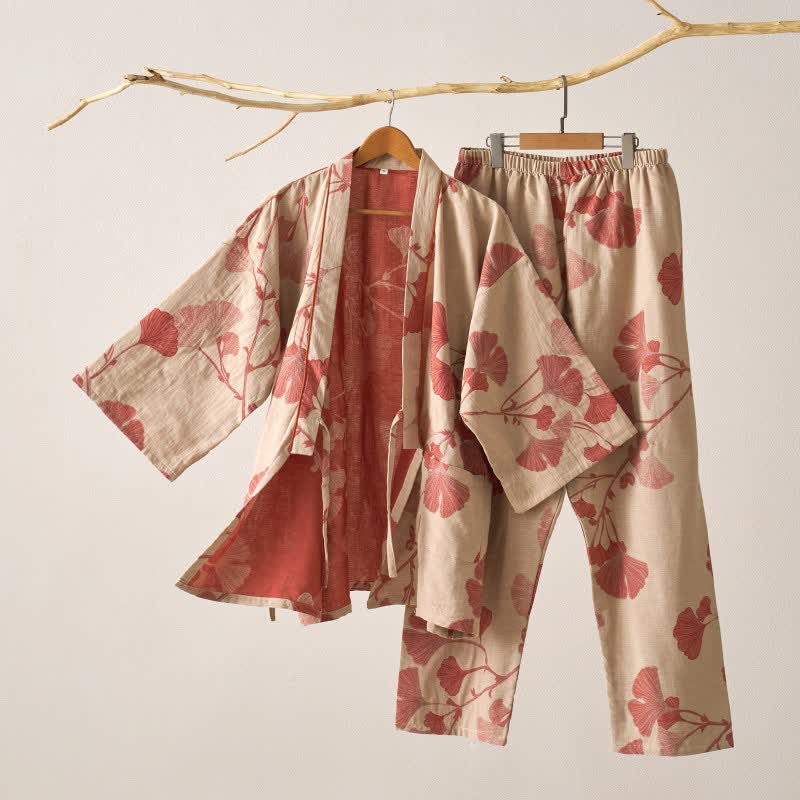 Pigiama kimono in cotone con grandi foglie di ginkgo - Beige e rosa - XL - image 6