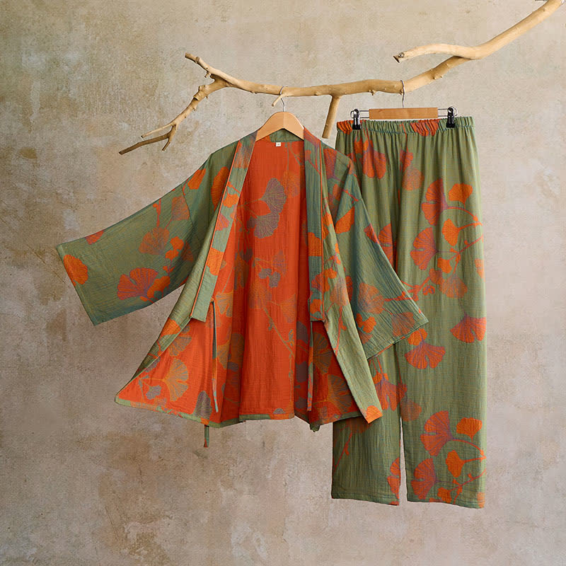 Pigiama kimono in cotone con grandi foglie di ginkgo - image 1