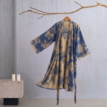 Kimono vestaglia in cotone biologico con stampa floreale ad acquerello - Blu - 2XL - image 0