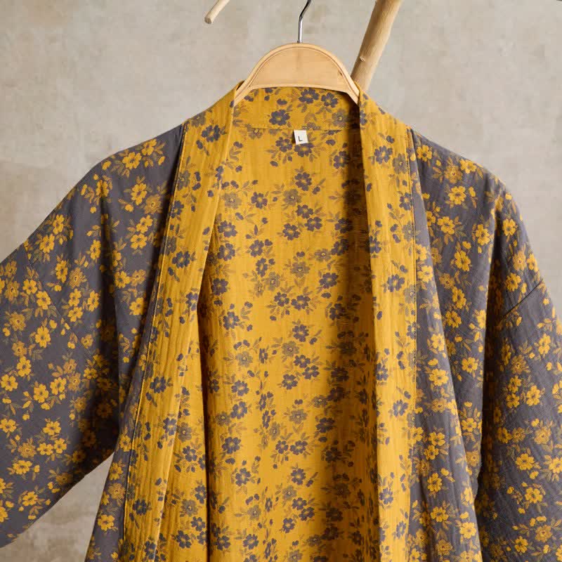 Kimono in garza di cotone a fantasia floreale gialla - image 3