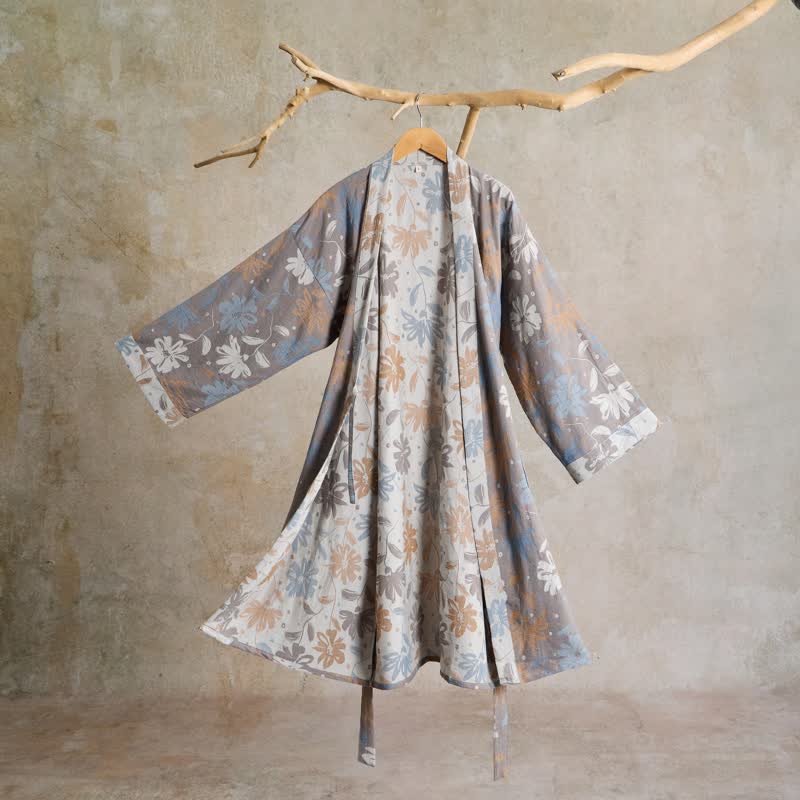 Kimono in garza di cotone grigia con stampa floreale - Grigio - L - image 0