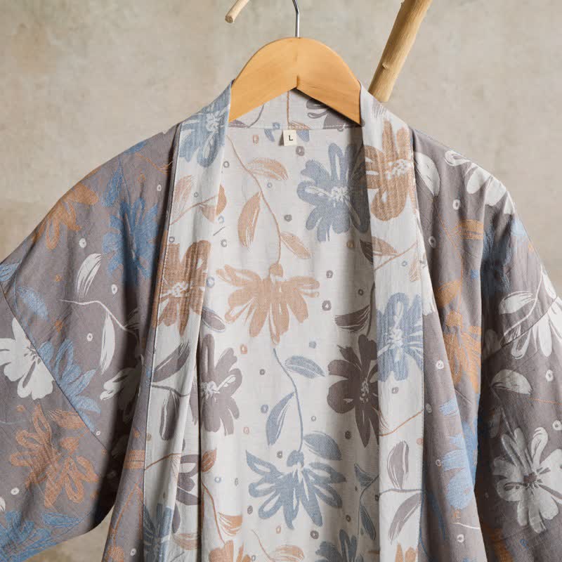Kimono in garza di cotone grigia con stampa floreale - image 3