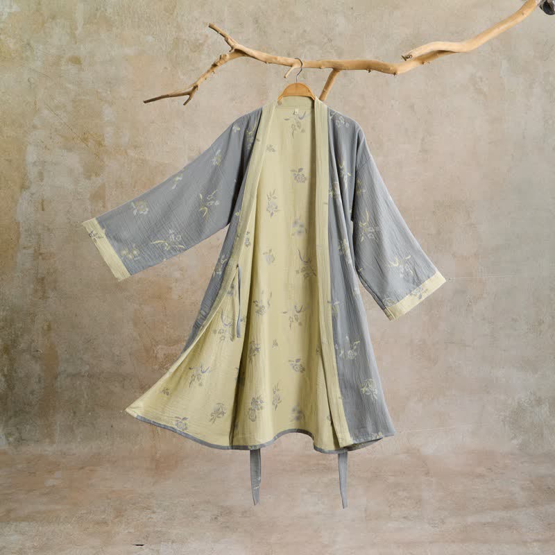 Elegante kimono in garza di cotone con stampa floreale. - Grigio - L - image 0