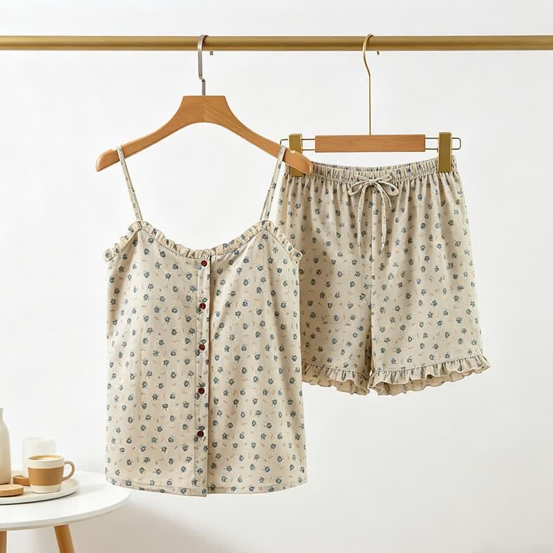 Pigiama da donna in cotone blu con volant e stampa floreale. - image 2