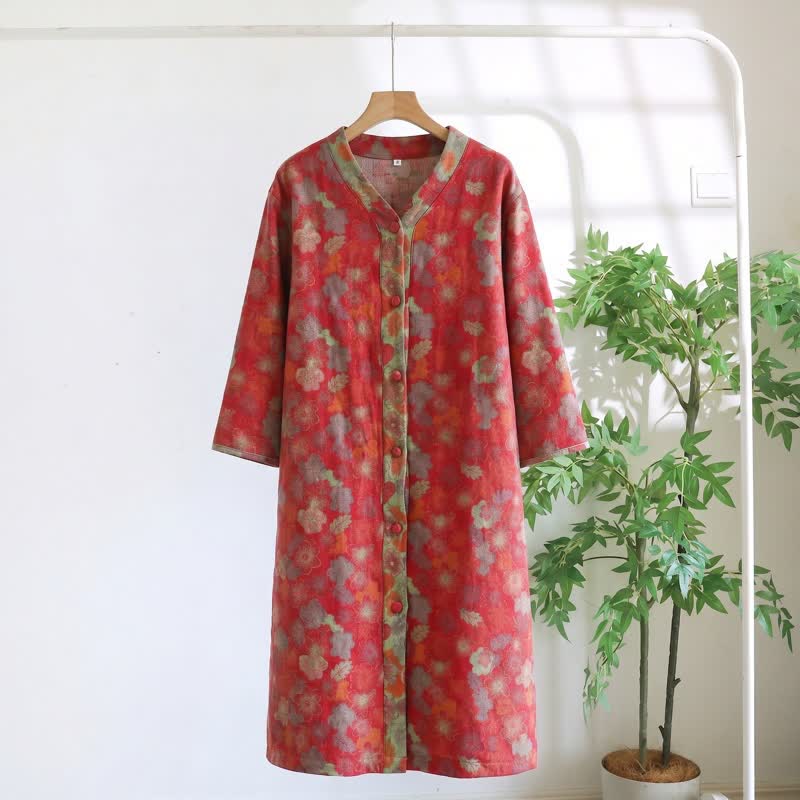 Abito da casa vintage in garza di cotone con stampa floreale - Rosso - XL - image 5
