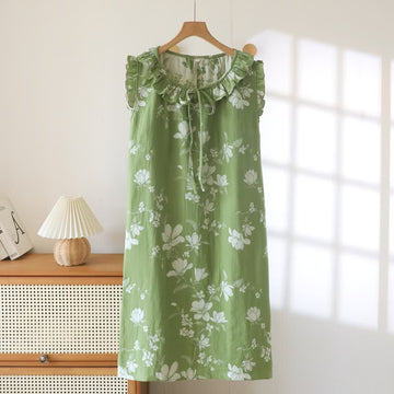 Camicia da notte in cotone verde con volant e stampa floreale - Verde - XL - image 0