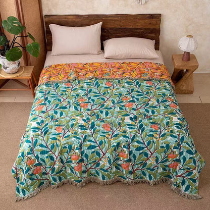 Trapunta reversibile in garza con frange e motivo botanico vintage - Verde - Matrimoniale - image 0