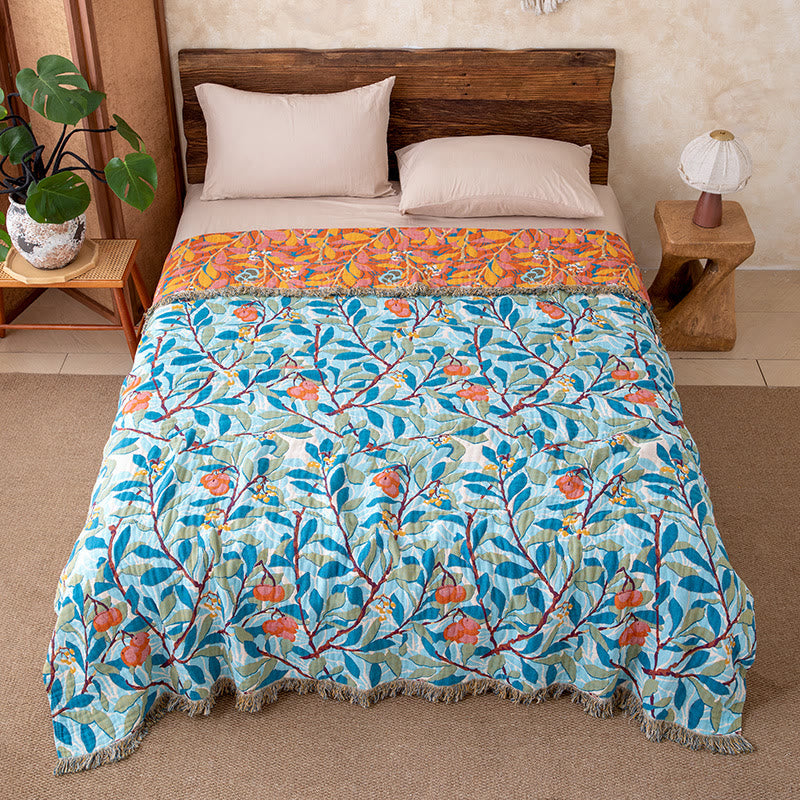 Trapunta reversibile in garza con frange e motivo botanico vintage - Blu - Matrimoniale - image 4