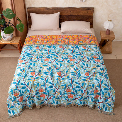 Trapunta reversibile in garza con frange e motivo botanico vintage - Blu - Matrimoniale - image 4