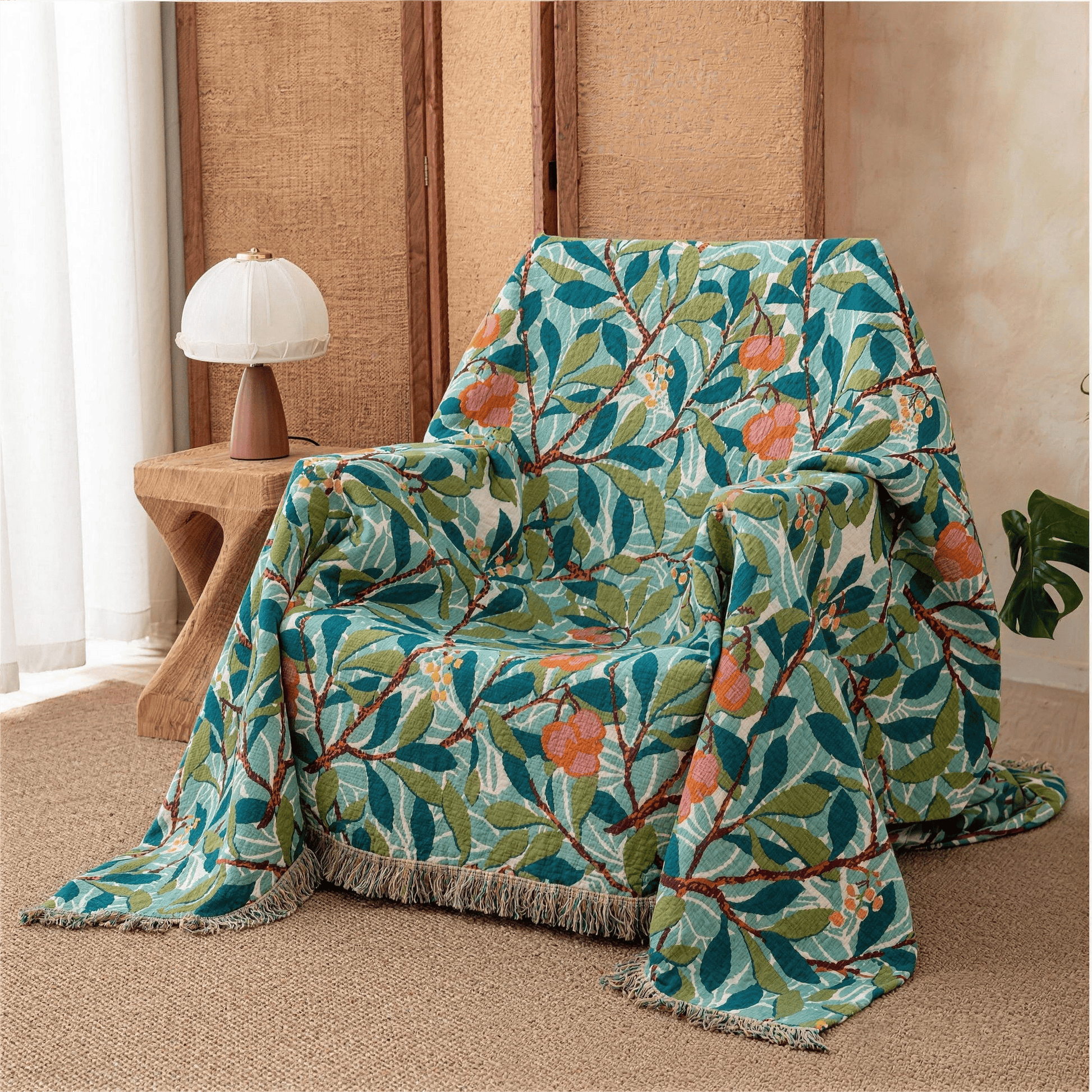 Trapunta reversibile in garza con frange e motivo botanico vintage - image 1