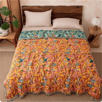 Trapunta reversibile in garza con frange e motivo botanico vintage - image 3