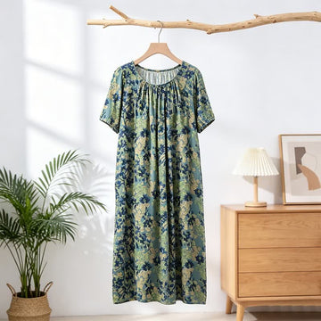 Abito da casa verde a fantasia floreale con scollo arricciato - Verde - 4XL - image 0