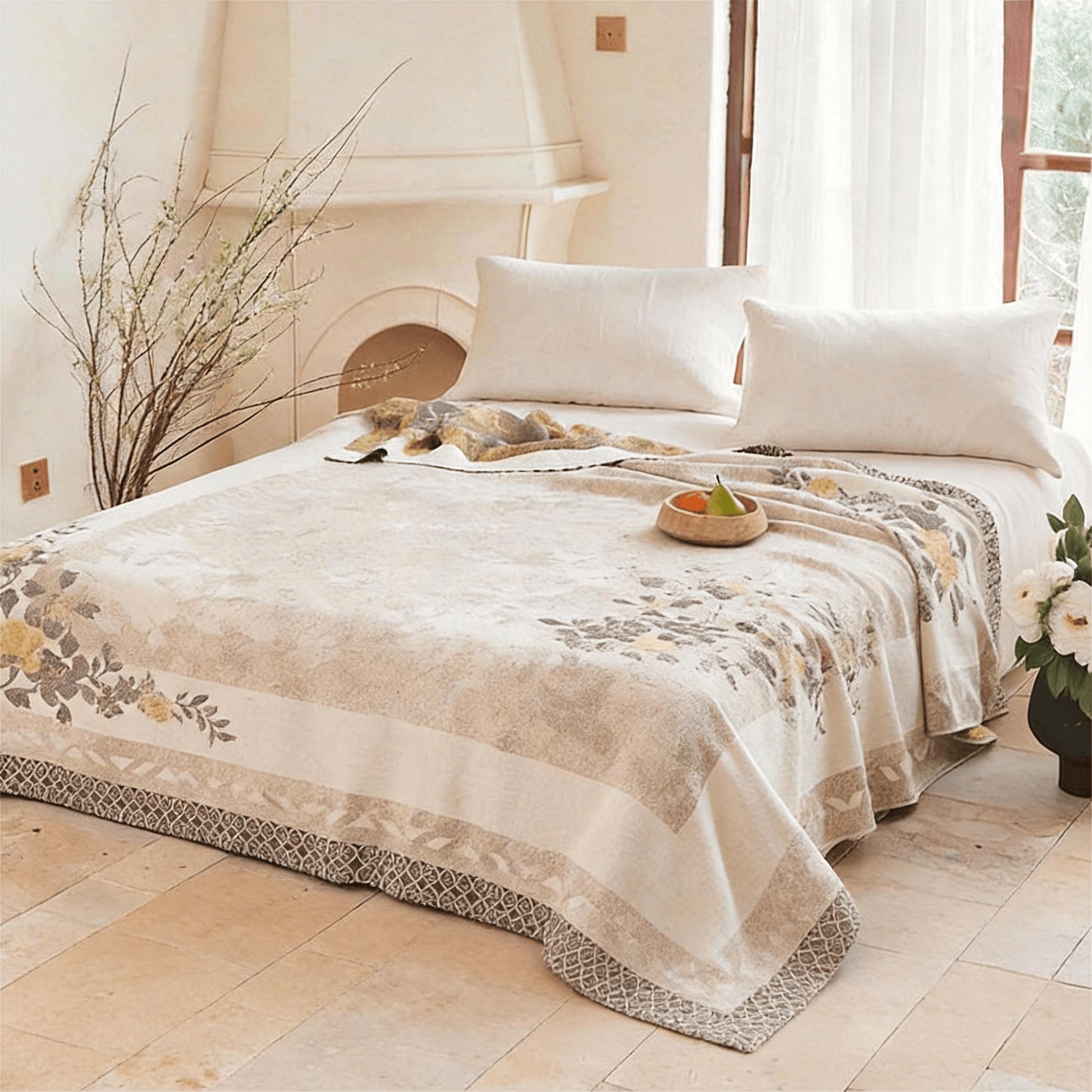 Trapunta reversibile in garza jacquard con motivo peonie orientali - image 1