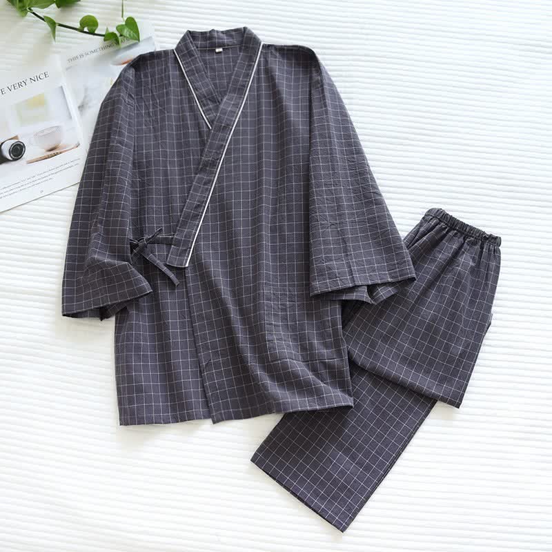 Pigiama kimono coordinato in cotone a righe per coppia - Grigio scuro - Maschio - XL - image 8