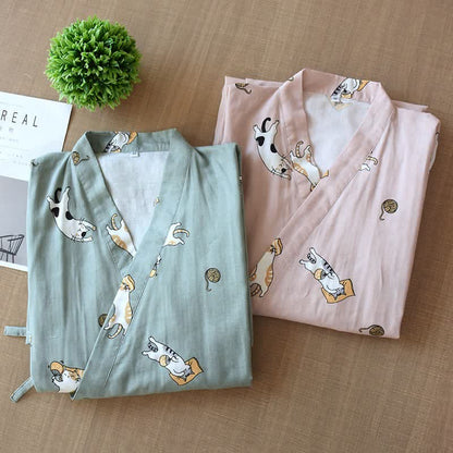 Kimono coordinati in cotone con motivo gatto per coppie - image 1