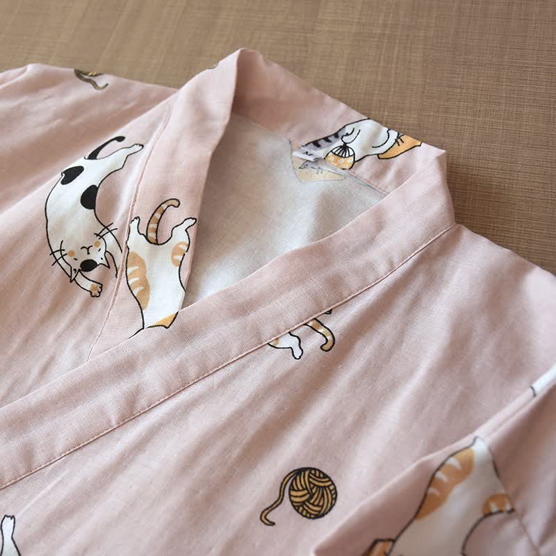 Kimono coordinati in cotone con motivo gatto per coppie - image 5