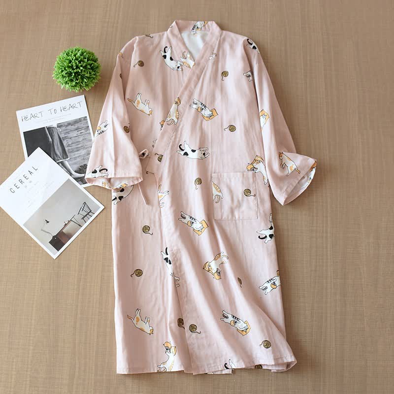 Kimono coordinati in cotone con motivo gatto per coppie - Rosa - Femmina - XL - image 3