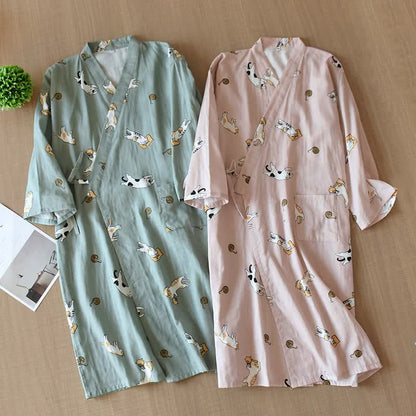 Kimono coordinati in cotone con motivo gatto per coppie - image 0