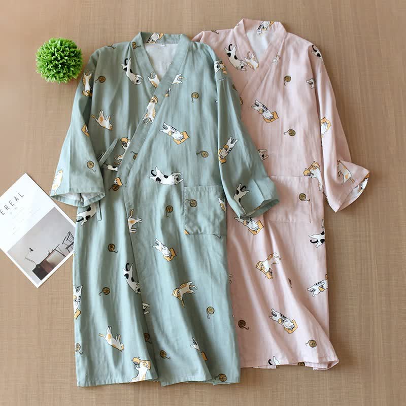 Kimono coordinati in cotone con motivo gatto per coppie - image 2